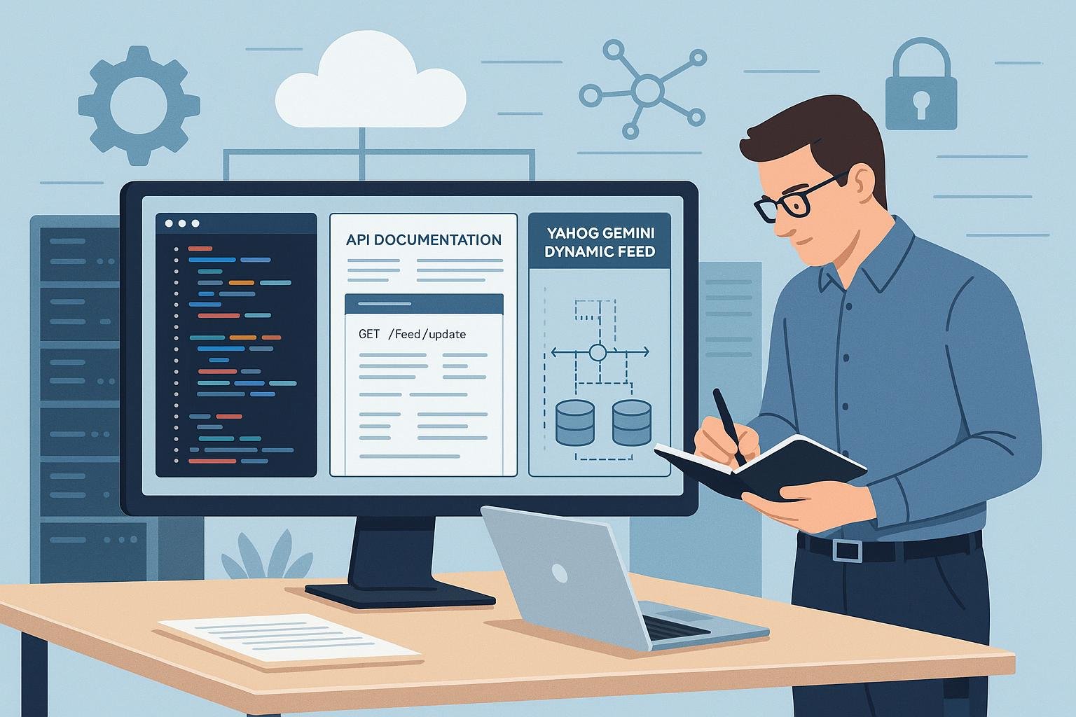 Digital Marketing Arbeitsplatz mit Entwickler, Code-Editoren, API-Dokumentationen, Servern und Cloud-Infrastruktur, die die Integration von Yahoo Gemini Dynamic Feed visualisieren.