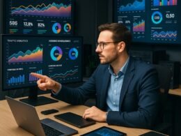 Ein professionelles Digital-Marketing-Büro mit mehreren Monitoren, die Datenanalysen und Kampagnenübersichten zeigen, im Vordergrund ein Marketingexperte in Business-Casual, Hintergrund mit Grafiken zu Facebook-Werbekampagnen, Bild von Tobias Hager, 404 Magazine