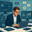 Person in Business-Kleidung arbeitet an einem Laptop in einem hochentwickelten Arbeitsraum mit Bildschirmen, Datenfluss-Diagrammen und Automatisierungs-Icons.