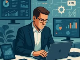 Person in Business-Kleidung arbeitet an einem Laptop in einem hochentwickelten Arbeitsraum mit Bildschirmen, Datenfluss-Diagrammen und Automatisierungs-Icons.