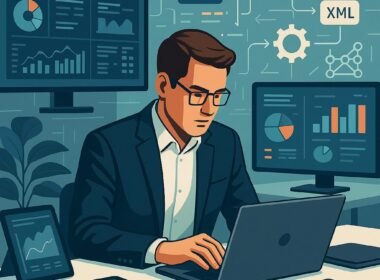 Person in Business-Kleidung arbeitet an einem Laptop in einem hochentwickelten Arbeitsraum mit Bildschirmen, Datenfluss-Diagrammen und Automatisierungs-Icons.