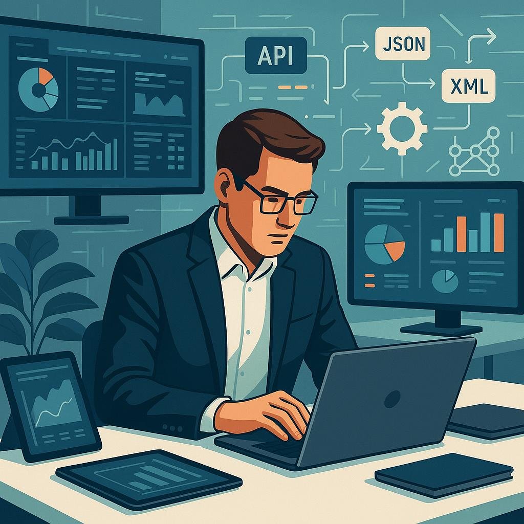 Person in Business-Kleidung arbeitet an einem Laptop in einem hochentwickelten Arbeitsraum mit Bildschirmen, Datenfluss-Diagrammen und Automatisierungs-Icons.
