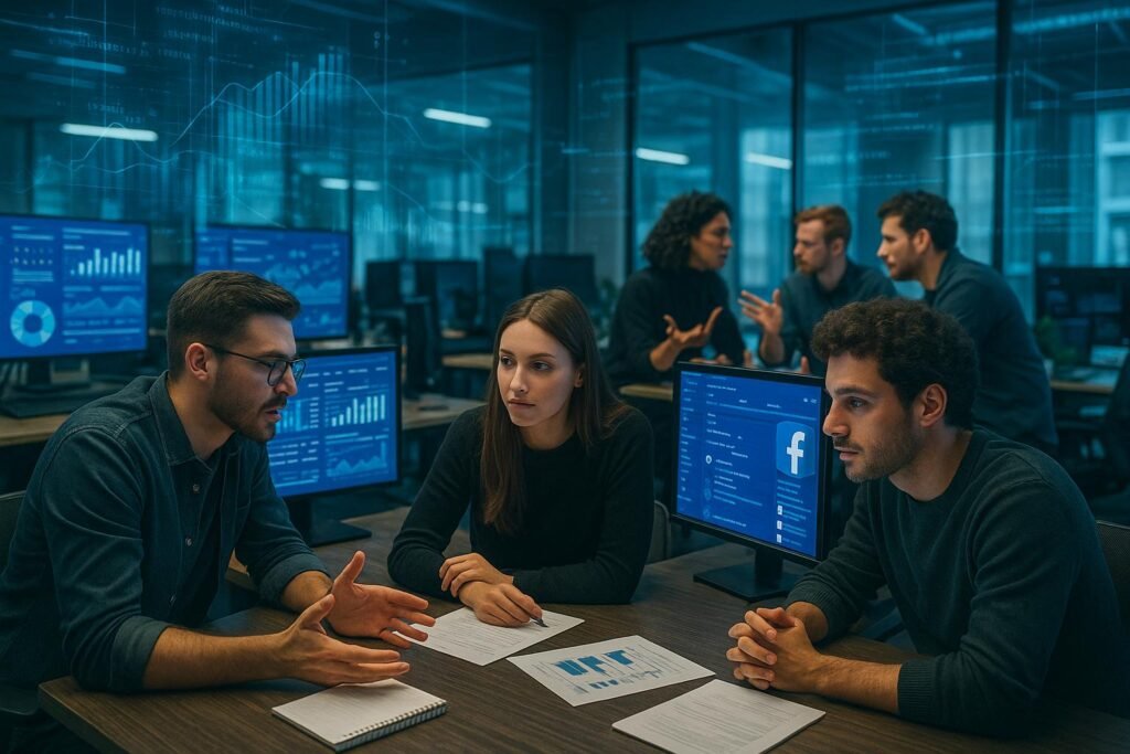 Dynamischer Arbeitsplatz mit Monitoren, Content-Creators und kreativ diskutierenden Teams, umgeben von holographischen Datenströmen im modernen Social-Media-Office