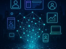 Futuristische, leuchtende Daten- und Algorithmus-Visualisierung mit holographischem Netzwerk, Nutzer-Icons, Geräte und Wachstumsdiagramme vor einer nächtlichen Stadt-Hintergrund