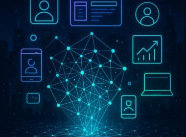 Futuristische, leuchtende Daten- und Algorithmus-Visualisierung mit holographischem Netzwerk, Nutzer-Icons, Geräte und Wachstumsdiagramme vor einer nächtlichen Stadt-Hintergrund