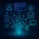Futuristische, leuchtende Daten- und Algorithmus-Visualisierung mit holographischem Netzwerk, Nutzer-Icons, Geräte und Wachstumsdiagramme vor einer nächtlichen Stadt-Hintergrund