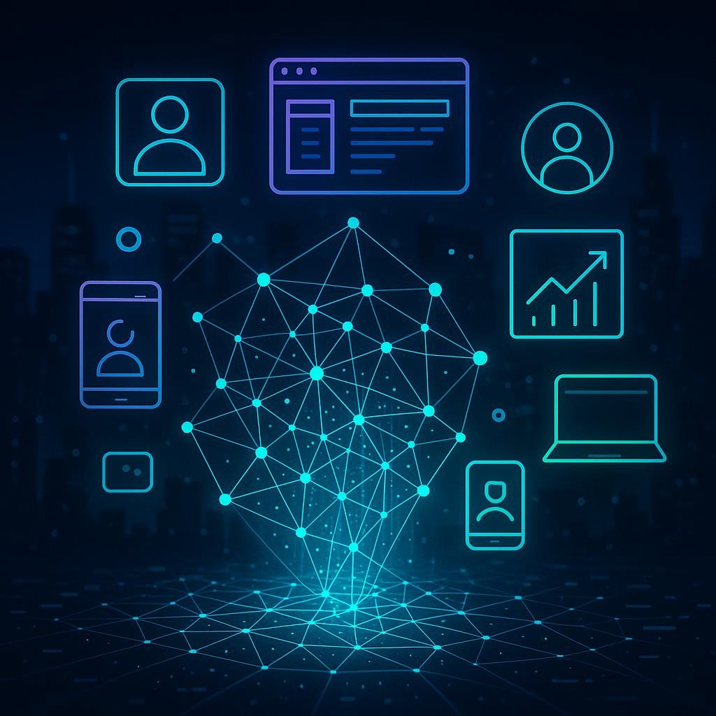 Futuristische, leuchtende Daten- und Algorithmus-Visualisierung mit holographischem Netzwerk, Nutzer-Icons, Geräte und Wachstumsdiagramme vor einer nächtlichen Stadt-Hintergrund