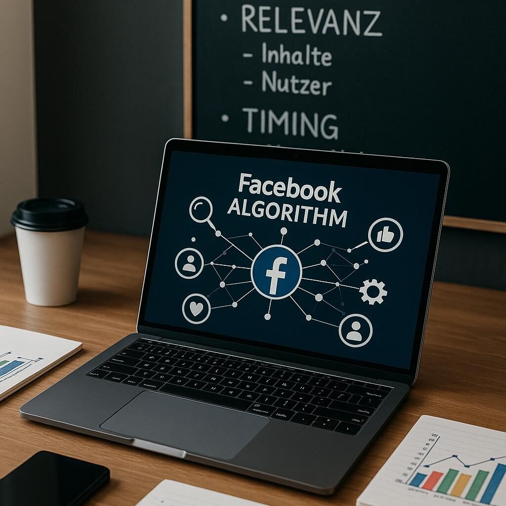 Arbeitsplatz mit Laptop, Notizen, Diagrammen und Facebook-Algorithmus-Visualisierung, im Hintergrund eine Tafel und eine Tasse Kaffee