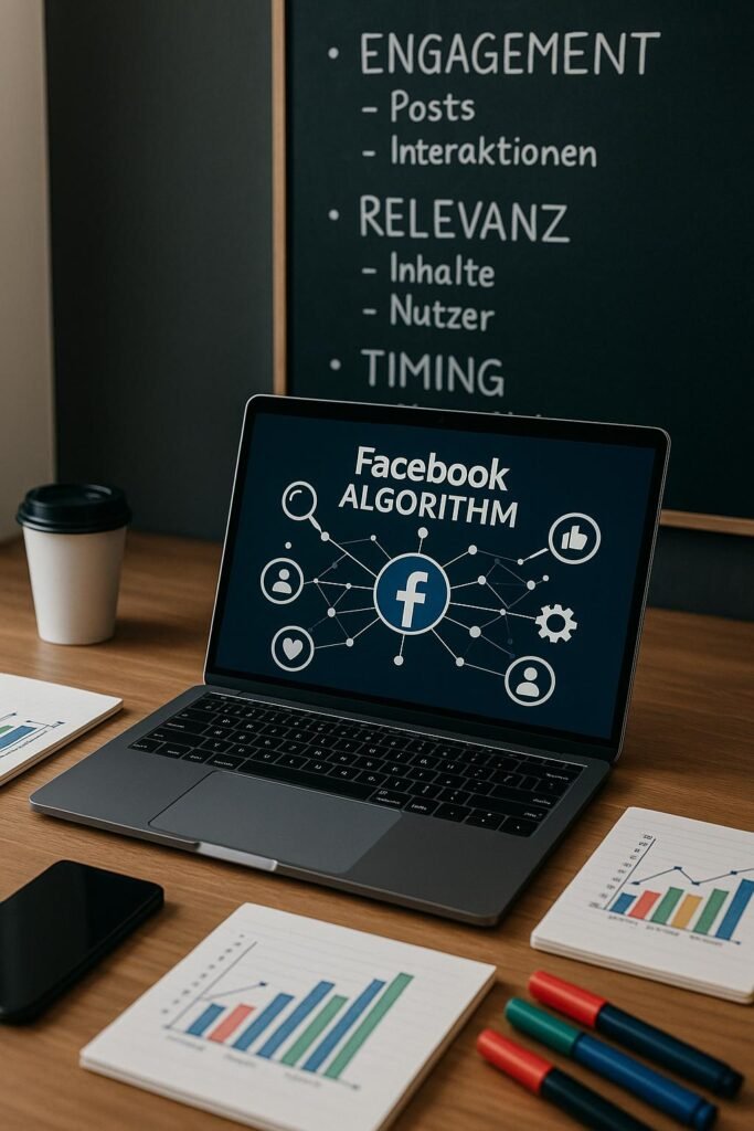 Arbeitsplatz mit Laptop, Notizen, Diagrammen und Facebook-Algorithmus-Visualisierung, im Hintergrund eine Tafel und eine Tasse Kaffee