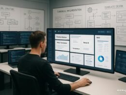 Entwickler arbeitet an einem großen Bildschirm mit Dashboard, umgeben von Whiteboards mit URL-Strukturen, canonical-Implementierungen und Design-Skizzen in einem organisierten, digitalen Umfeld