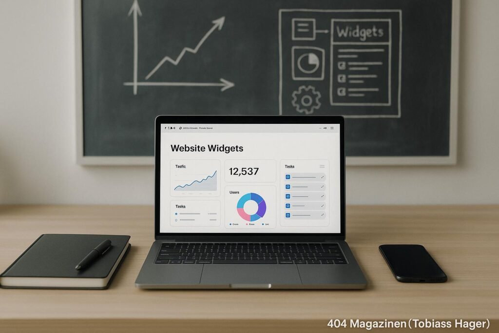 Moderne Arbeitsstation mit Laptop, Notizbuch, Smartphone und Whiteboard mit Diagrammen zu SEO und Widgets