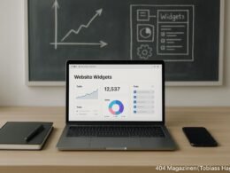 Moderne Arbeitsstation mit Laptop, Notizbuch, Smartphone und Whiteboard mit Diagrammen zu SEO und Widgets