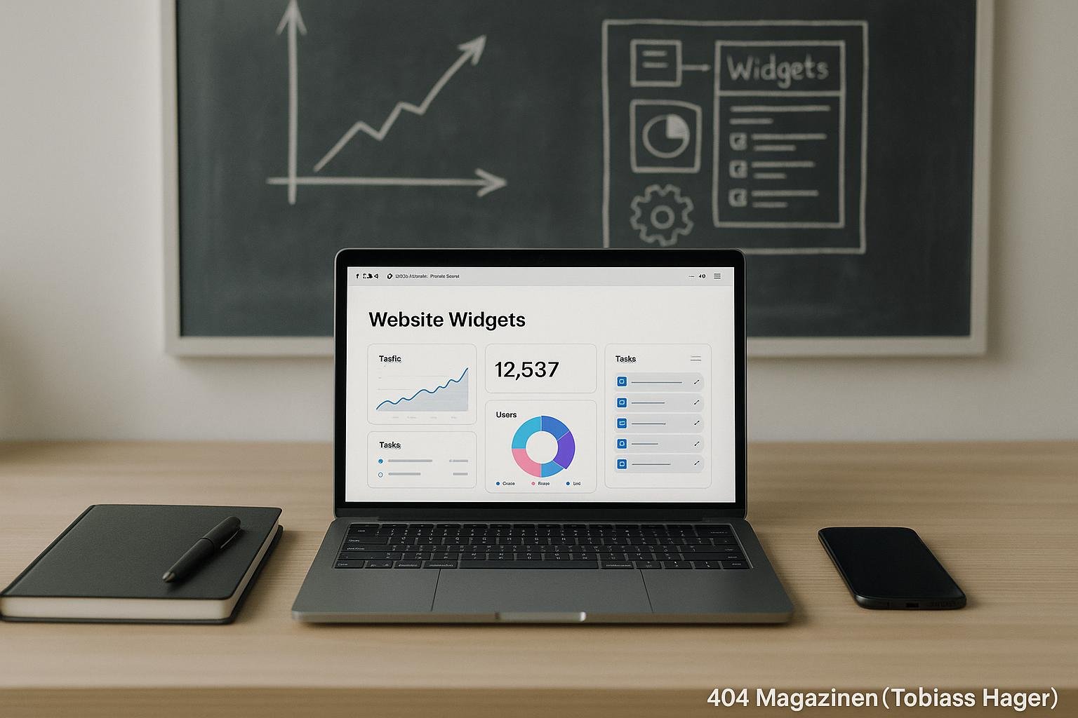 Moderne Arbeitsstation mit Laptop, Notizbuch, Smartphone und Whiteboard mit Diagrammen zu SEO und Widgets