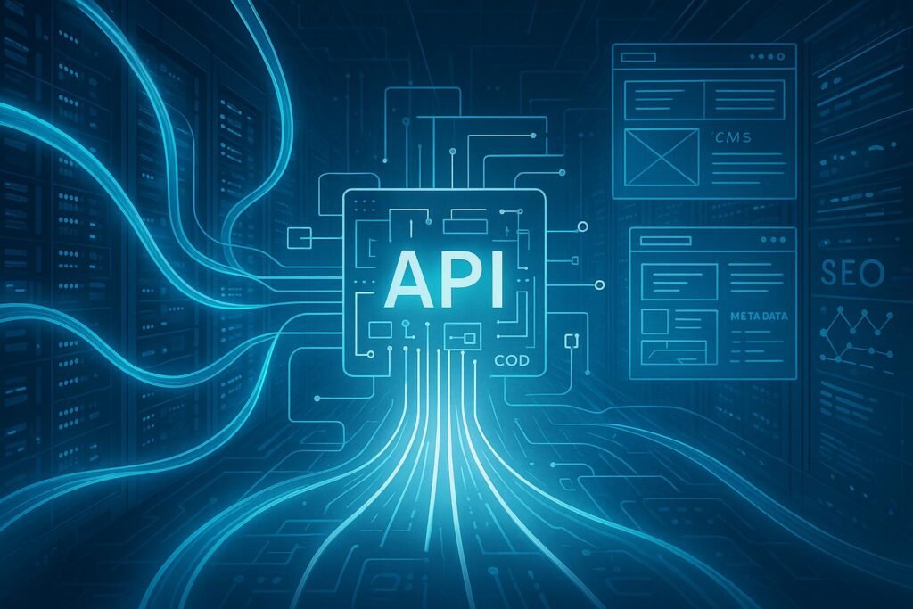 Futuristischer Serverraum mit leuchtenden, transparenten Netzwerkleitungen und digitaler Schnittstelle, die die Optimierung von CMS-SEO-Technologien darstellt.