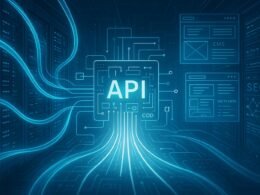 Futuristischer Serverraum mit leuchtenden, transparenten Netzwerkleitungen und digitaler Schnittstelle, die die Optimierung von CMS-SEO-Technologien darstellt.