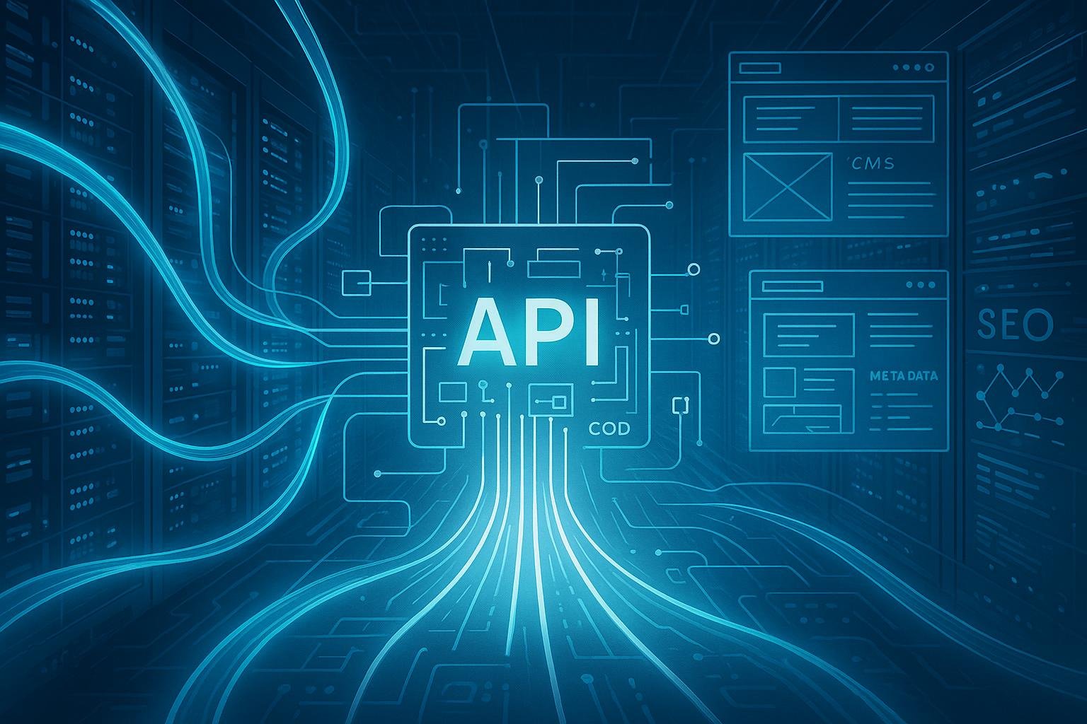 Futuristischer Serverraum mit leuchtenden, transparenten Netzwerkleitungen und digitaler Schnittstelle, die die Optimierung von CMS-SEO-Technologien darstellt.