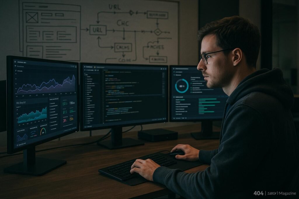 Entwickler in Hoodie vor mehreren Monitoren mit Web-Analysen und Performance-Tools, im Hintergrund Whiteboards mit Website-Architekturen, Credit: 404 Magazine (Tobias Hager)