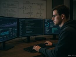 Entwickler in Hoodie vor mehreren Monitoren mit Web-Analysen und Performance-Tools, im Hintergrund Whiteboards mit Website-Architekturen, Credit: 404 Magazine (Tobias Hager)