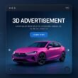 Futuristische digitale Werbeumgebung mit interaktivem 3D-Produktmodell, realistischer Beleuchtung und virtuellen Elementen.