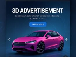 Futuristische digitale Werbeumgebung mit interaktivem 3D-Produktmodell, realistischer Beleuchtung und virtuellen Elementen.