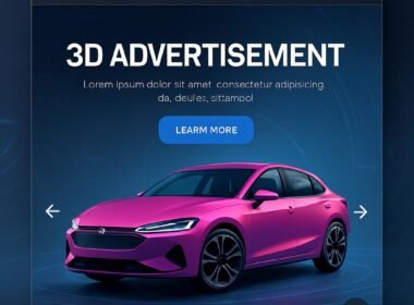 Futuristische digitale Werbeumgebung mit interaktivem 3D-Produktmodell, realistischer Beleuchtung und virtuellen Elementen.