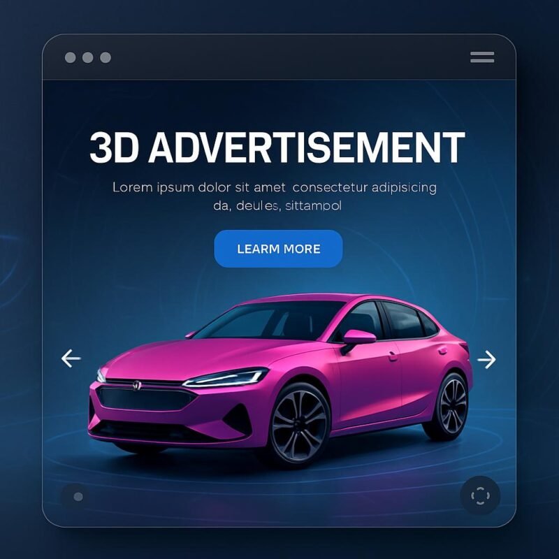 Futuristische digitale Werbeumgebung mit interaktivem 3D-Produktmodell, realistischer Beleuchtung und virtuellen Elementen.