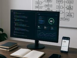 Moderner Entwicklerarbeitsplatz mit Monitor, Notizbüchern, Smartphone und Whiteboard mit Flowcharts, abgebildet bei 404 Magazine (Tobias Hager).