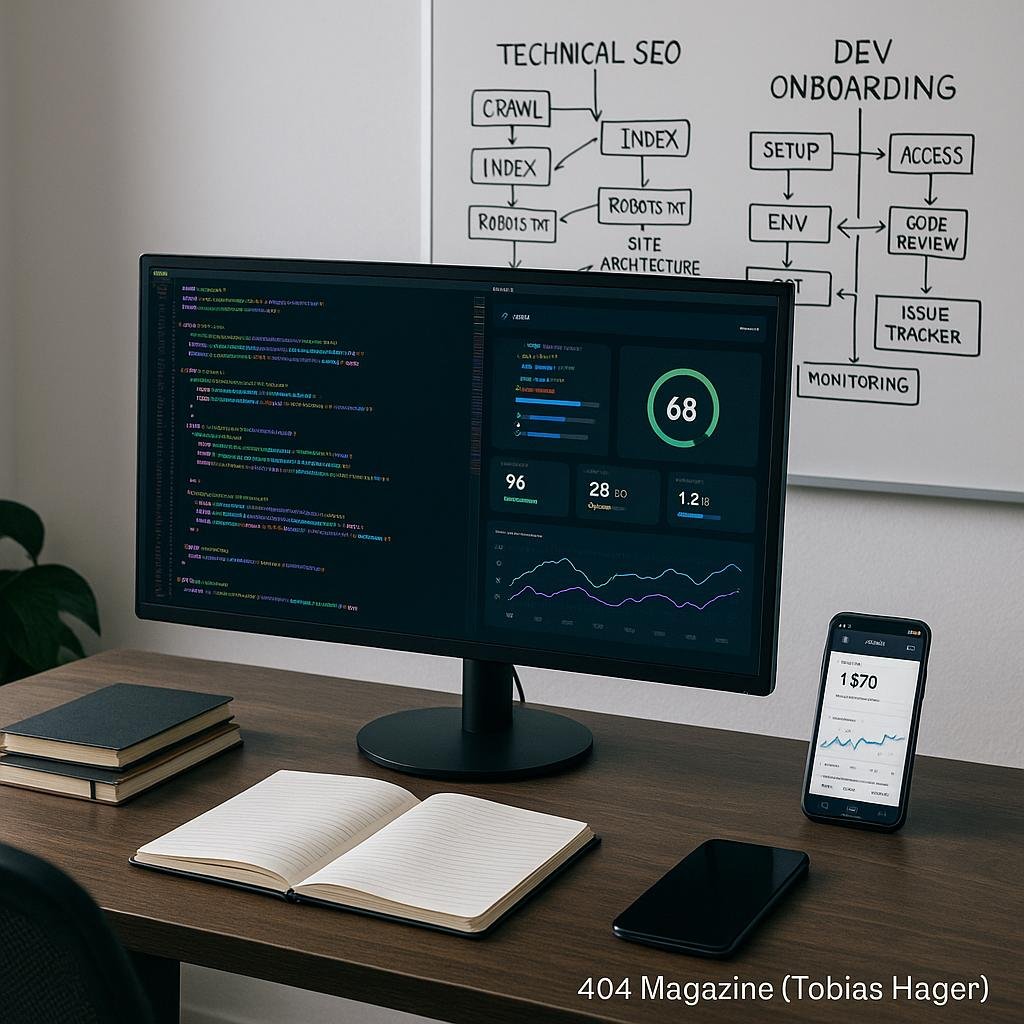 Moderner Entwicklerarbeitsplatz mit Monitor, Notizbüchern, Smartphone und Whiteboard mit Flowcharts, abgebildet bei 404 Magazine (Tobias Hager).