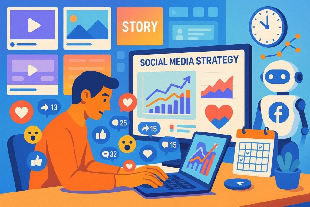 Dynamischer Arbeitsplatz mit Person, Laptop, Social-Media-Icons, Diagrammen und einem Roboter, der den Facebook-Algorithmus analysiert.