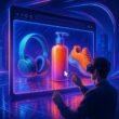Futuristische 3D-Digitalwerbefläche mit leuchtenden Produktmodellen, schimmernden Oberflächen und interaktiven Elementen in einem immersiven Browserraum.