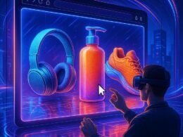 Futuristische 3D-Digitalwerbefläche mit leuchtenden Produktmodellen, schimmernden Oberflächen und interaktiven Elementen in einem immersiven Browserraum.
