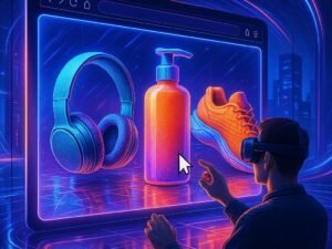 Futuristische 3D-Digitalwerbefläche mit leuchtenden Produktmodellen, schimmernden Oberflächen und interaktiven Elementen in einem immersiven Browserraum.