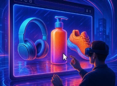Futuristische 3D-Digitalwerbefläche mit leuchtenden Produktmodellen, schimmernden Oberflächen und interaktiven Elementen in einem immersiven Browserraum.