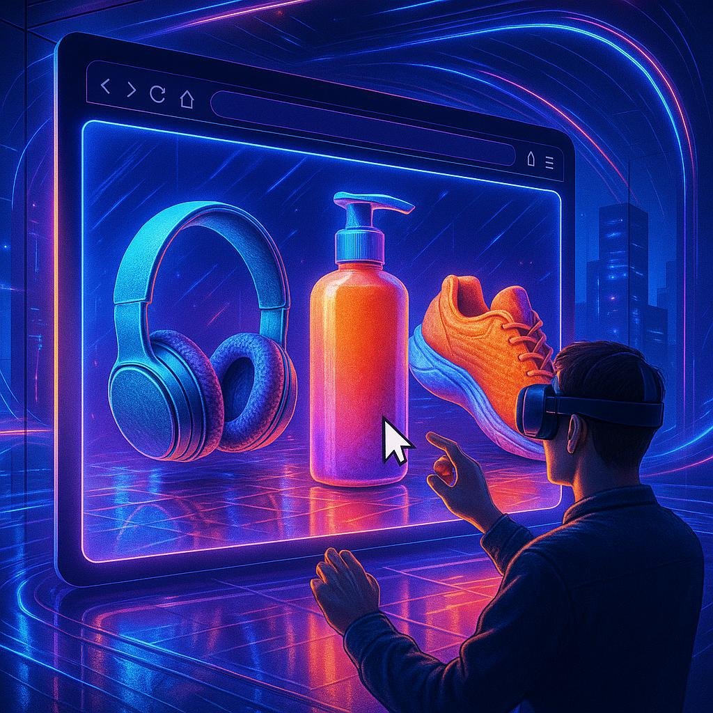 Futuristische 3D-Digitalwerbefläche mit leuchtenden Produktmodellen, schimmernden Oberflächen und interaktiven Elementen in einem immersiven Browserraum.