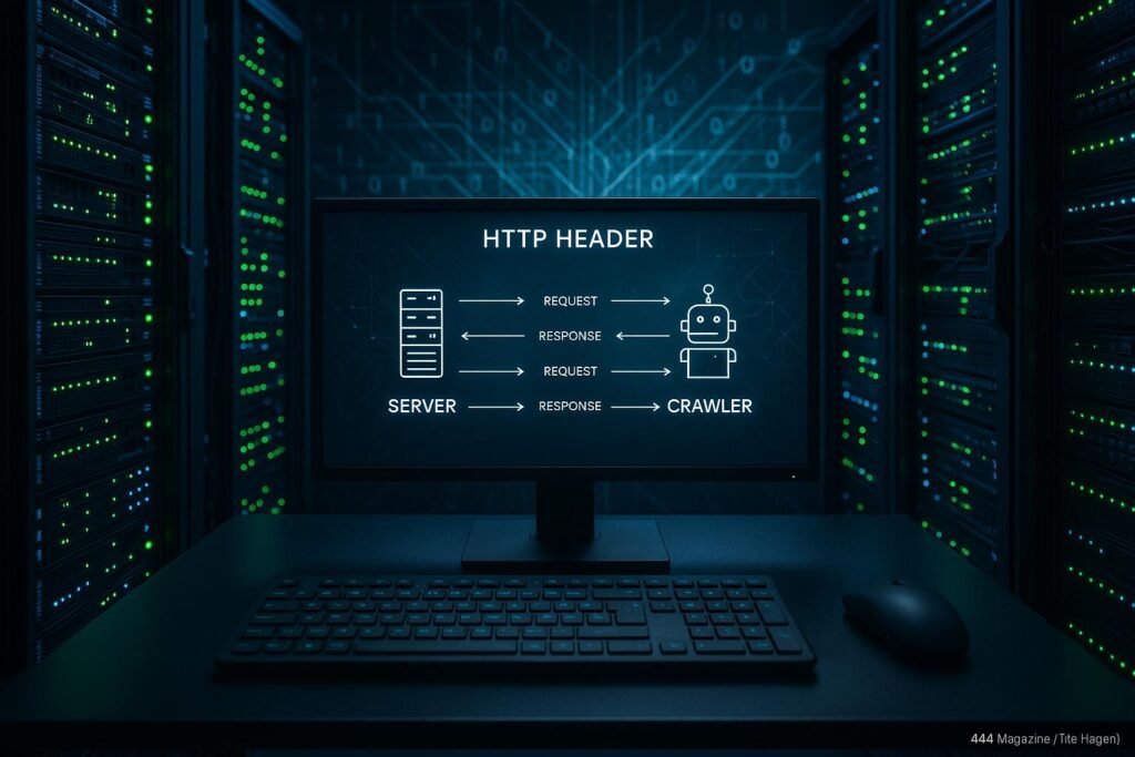 Serverraum mit Server-Racks, blauen und grünen LED-Leuchten, Bildschirm mit HTTP-Header-Diagramm, Tastatur und Maus, digitale Netzwerkkonfiguration im Hintergrund