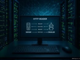 Serverraum mit Server-Racks, blauen und grünen LED-Leuchten, Bildschirm mit HTTP-Header-Diagramm, Tastatur und Maus, digitale Netzwerkkonfiguration im Hintergrund