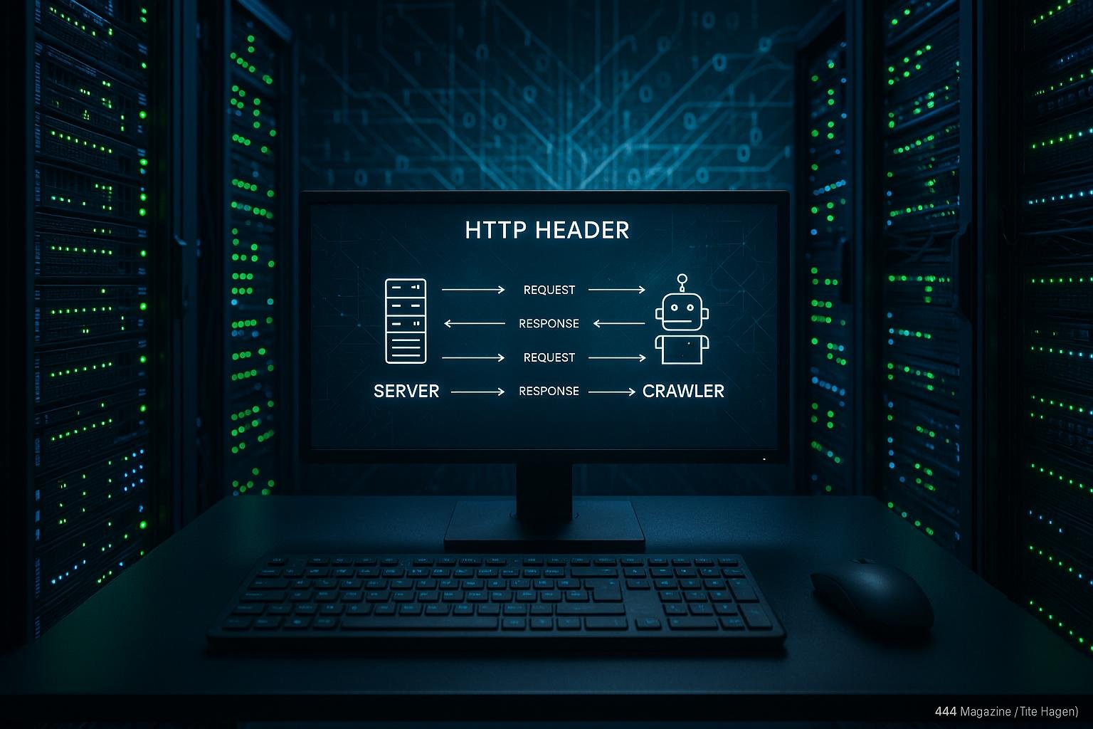 Serverraum mit Server-Racks, blauen und grünen LED-Leuchten, Bildschirm mit HTTP-Header-Diagramm, Tastatur und Maus, digitale Netzwerkkonfiguration im Hintergrund