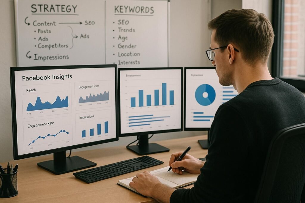 Social-Media-Manager arbeitet an einem modernen Büroplatz mit Monitoren, die Facebook-Insights, Reichweite, Engagement-Rate und Impressions anzeigen, im Hintergrund Whiteboards mit Strategien und Zielgruppenprofilen. Credit: 404 Magazine (Tobias Hager)