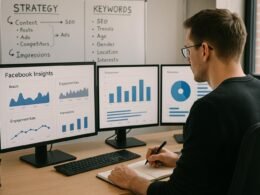 Social-Media-Manager arbeitet an einem modernen Büroplatz mit Monitoren, die Facebook-Insights, Reichweite, Engagement-Rate und Impressions anzeigen, im Hintergrund Whiteboards mit Strategien und Zielgruppenprofilen. Credit: 404 Magazine (Tobias Hager)