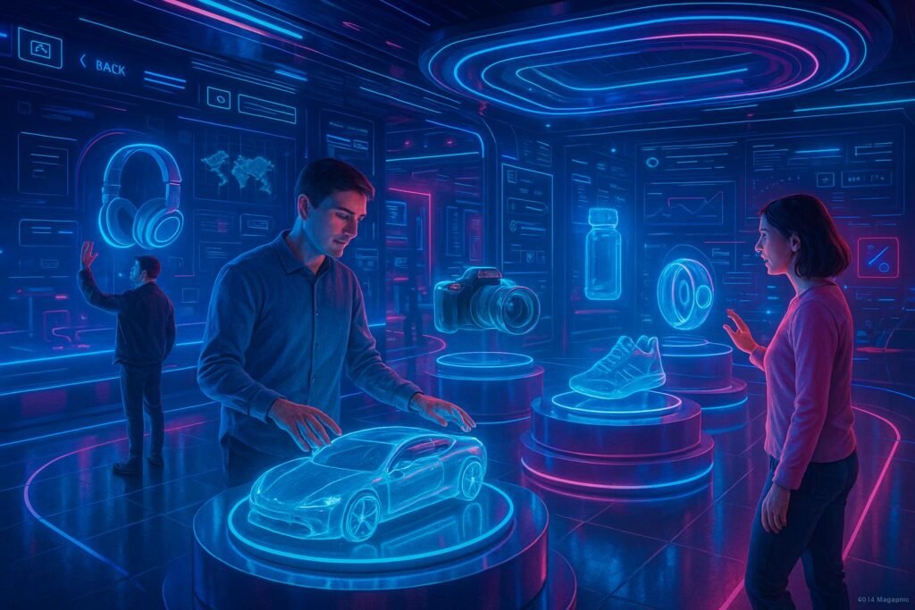 Virtueller Showroom mit holografischen Produkten, interaktiven Oberflächen und lebendigen Farben in 3D-Design-Optik
