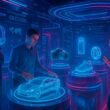 Virtueller Showroom mit holografischen Produkten, interaktiven Oberflächen und lebendigen Farben in 3D-Design-Optik