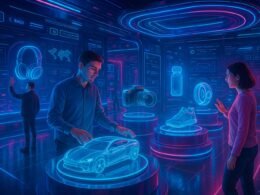 Virtueller Showroom mit holografischen Produkten, interaktiven Oberflächen und lebendigen Farben in 3D-Design-Optik