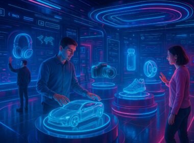 Virtueller Showroom mit holografischen Produkten, interaktiven Oberflächen und lebendigen Farben in 3D-Design-Optik