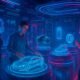 Virtueller Showroom mit holografischen Produkten, interaktiven Oberflächen und lebendigen Farben in 3D-Design-Optik