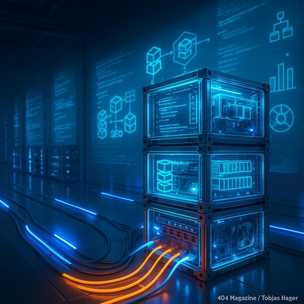Futuristischer Serverraum mit transparenten Container-Servern, Netzwerkleitungen und leuchtenden LED-Beleuchtungen in einem hochentwickelten Datenzentrum, mit Codeprojektionen im Hintergrund.