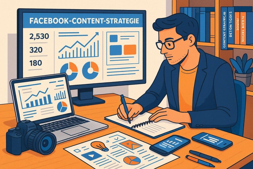Moderne Facebook-Content-Strategie-Szene mit Schreibtisch, Laptop, Analytics-Dashboard, Kamera, Smartphone und kreativen Skizzen, im Hintergrund Social-Media-Statistiken und Bücherregale.