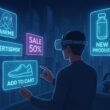 Futuristische virtuelle Realität mit schwebenden holografischen Anzeigen und fortschrittlichen XR-Geräten in einer digitalen Stadtlandschaft