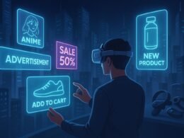 Futuristische virtuelle Realität mit schwebenden holografischen Anzeigen und fortschrittlichen XR-Geräten in einer digitalen Stadtlandschaft