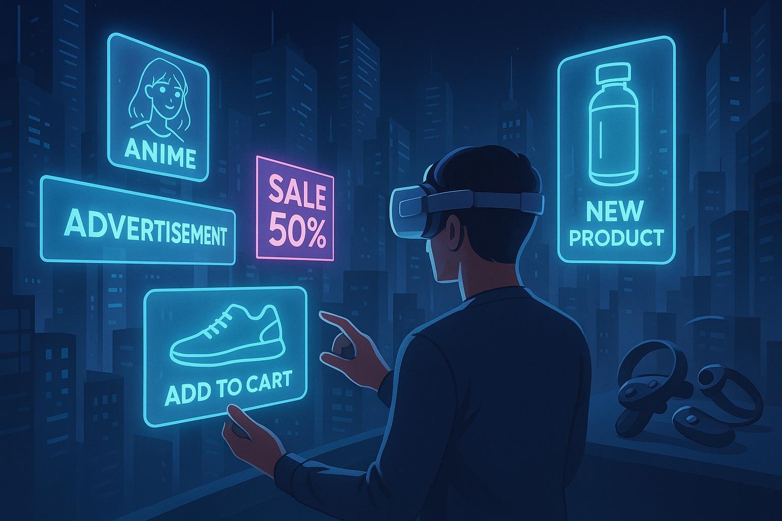 Futuristische virtuelle Realität mit schwebenden holografischen Anzeigen und fortschrittlichen XR-Geräten in einer digitalen Stadtlandschaft