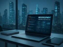 Moderne Bürolandschaft mit Laptop, digitalen Codes und Stadtblick im Hintergrund, inspirierend für Webentwicklung und technische Innovationen